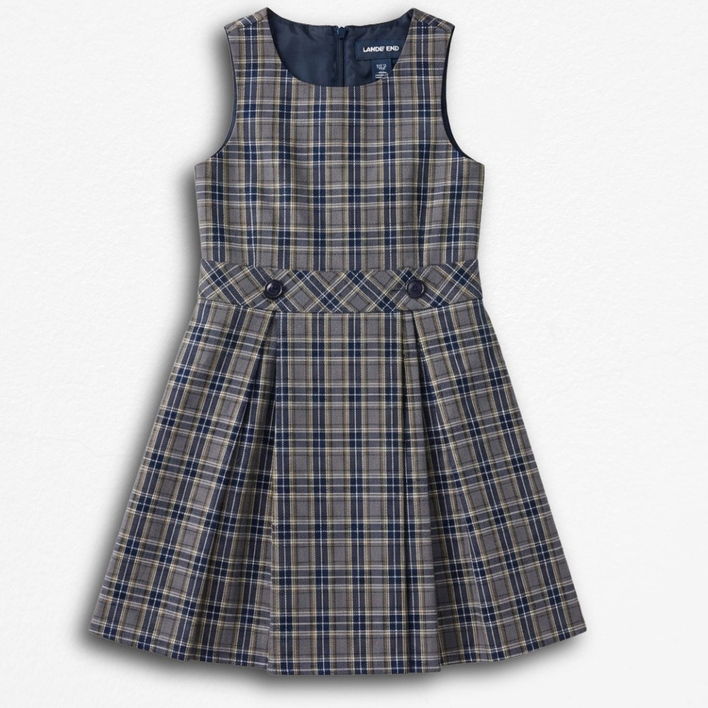 Lands End Girls Navy Blue Gray Plaid Pleated School Uniform Jumper Dress Size 7